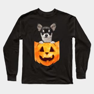 Black Chihuahua Dog In Pumpkin Pocket Halloween Long Sleeve T-Shirt